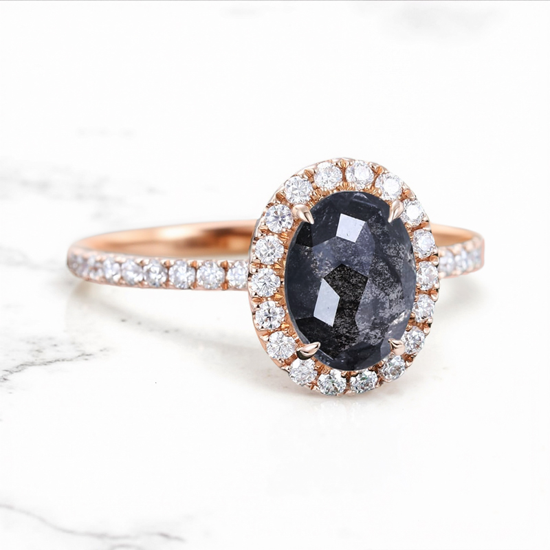 1.95CT Oval Cut Salt & Pepper S925 Silver Halo Bridal Engagement Ring