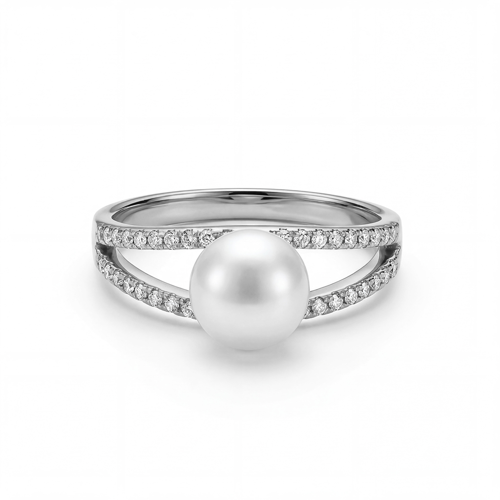 Dainty Pearl & Round Cut VVS Moissante S925 Silver Engagement Ring