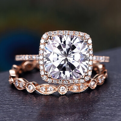 4.06CT Cushion & Round Cut VVS Moissante S925 Silver Halo Engagement Ring Set