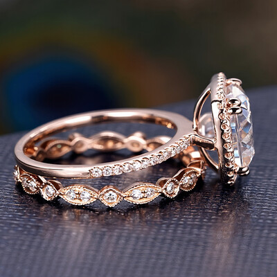 4.06CT Cushion & Round Cut VVS Moissante S925 Silver Halo Engagement Ring Set