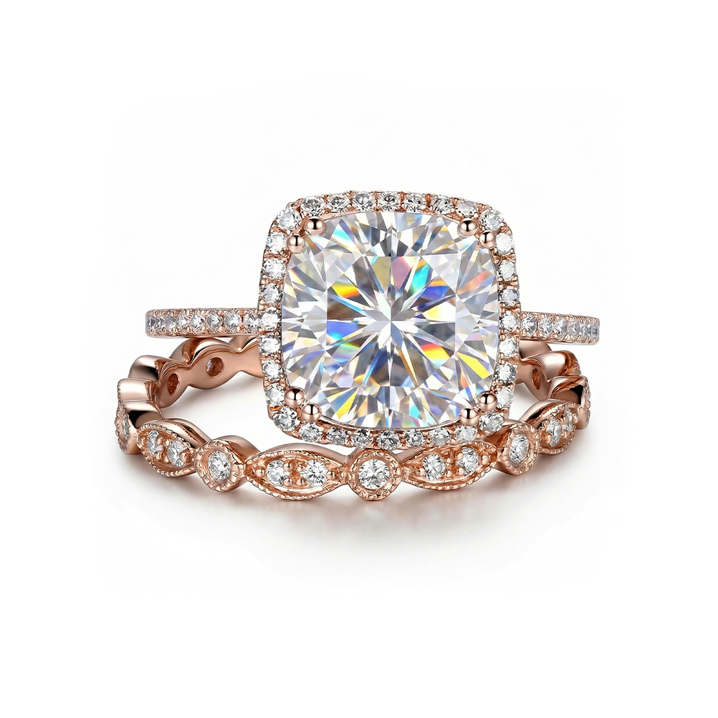 4.06CT Cushion & Round Cut VVS Moissanite S925 Silver Halo Engagement Ring Set