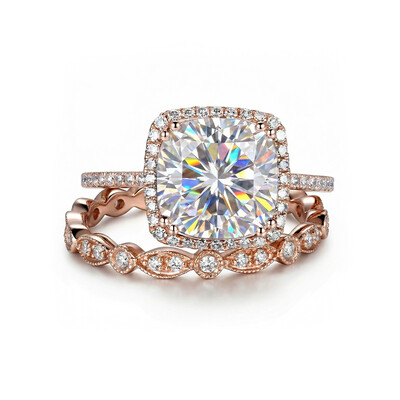 4.06CT Cushion & Round Cut VVS Moissanite S925 Silver Halo Engagement Ring Set