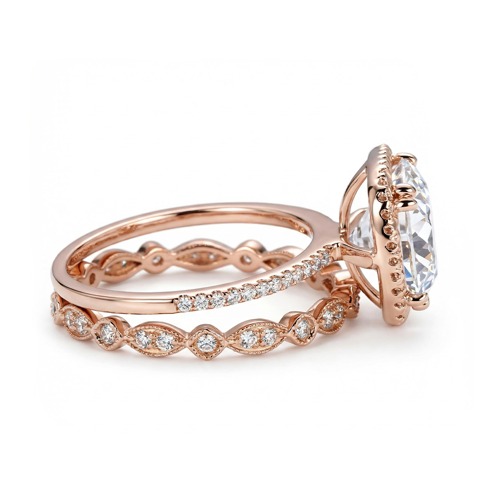 4.06CT Cushion & Round Cut VVS Moissanite S925 Silver Halo Engagement Ring Set