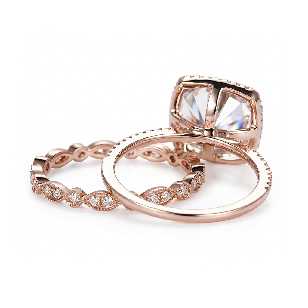 4.06CT Cushion & Round Cut VVS Moissanite S925 Silver Halo Engagement Ring Set