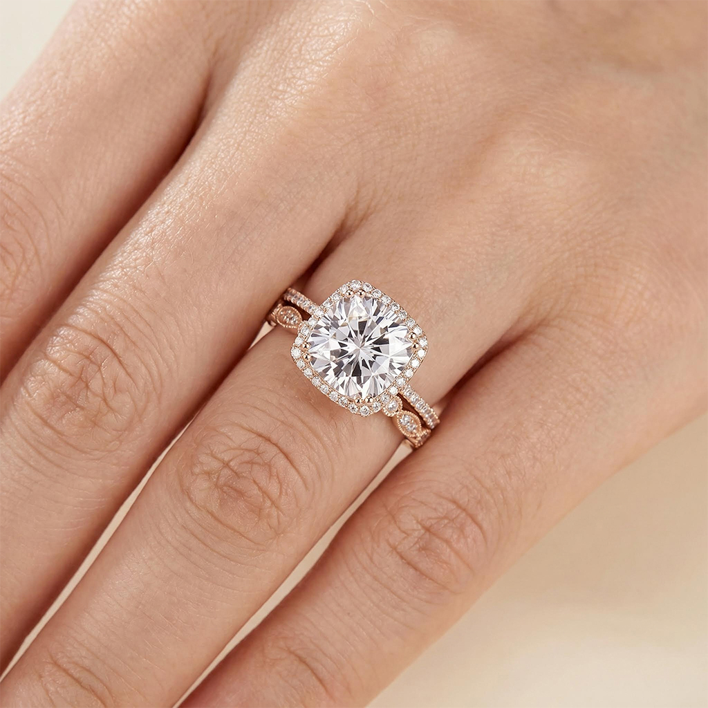 4.06CT Cushion & Round Cut VVS Moissanite S925 Silver Halo Engagement Ring Set