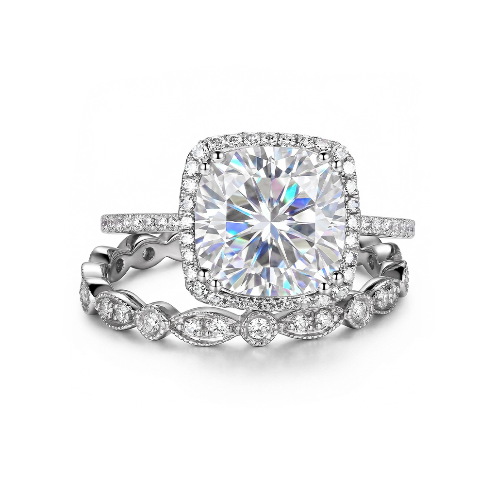 4.06CT Cushion & Round Cut VVS Moissanite S925 Silver Halo Engagement Ring Set