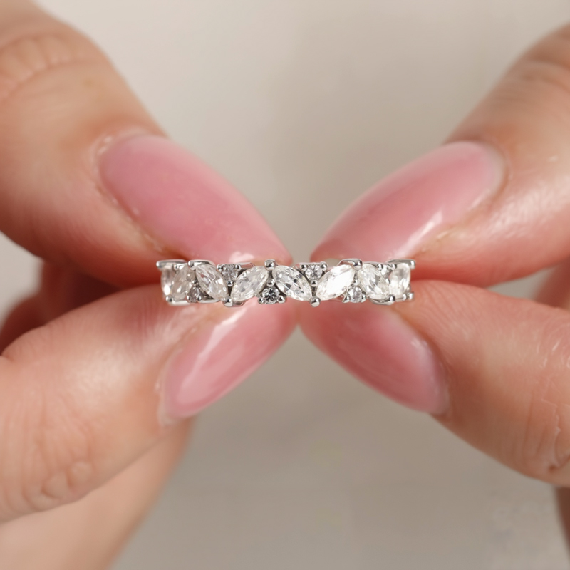 0.45CT Marquise & Round Cut VVS Moissante S925 Silver Half Eternity Wedding Band