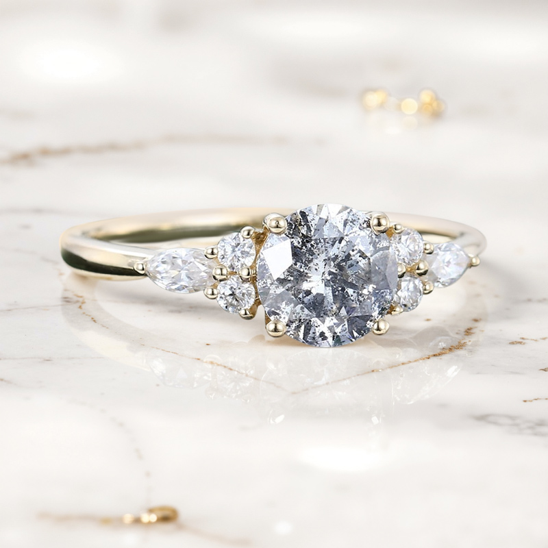 1.26CT Round Cut Salt & Pepper Diamond Moissanite Accented S925 Silver Engagement Ring