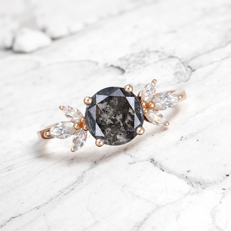 1.38CT Round Cut Salt & Pepper Diamond Marquise Cut Moissanite Accented S925 Silver Engagement Ring