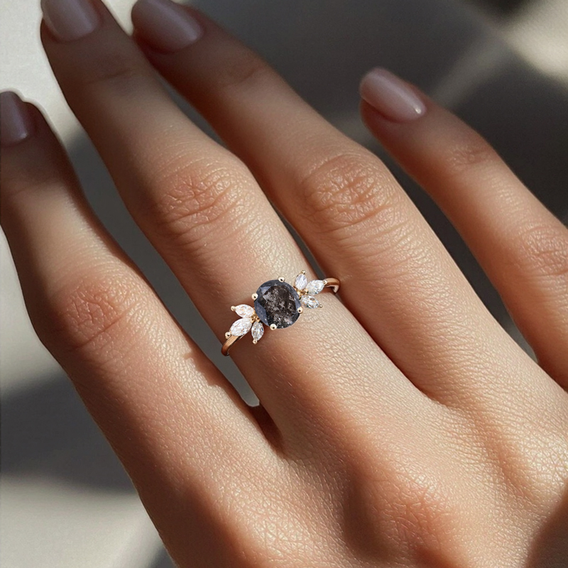 1.38CT Round Cut Salt & Pepper Diamond Marquise Cut Moissanite Accented S925 Silver Engagement Ring