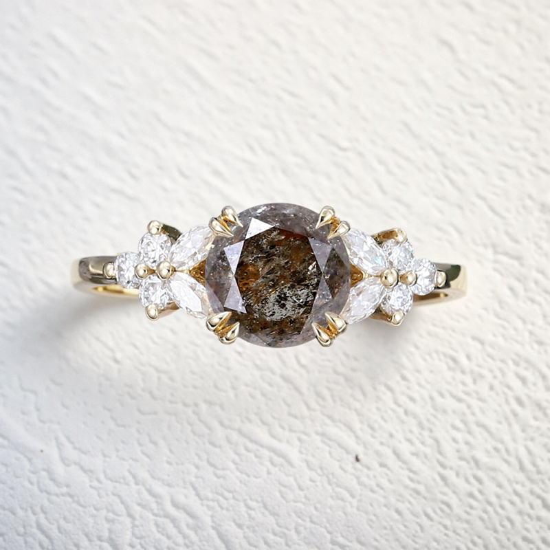 1.46CT Round Cut Salt & Pepper Diamond Moissanite Accented S925 Silver Engagement Ring