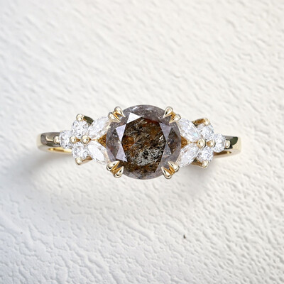 1.46CT Round Cut Salt & Pepper Diamond Moissanite Accented S925 Silver Engagement Ring