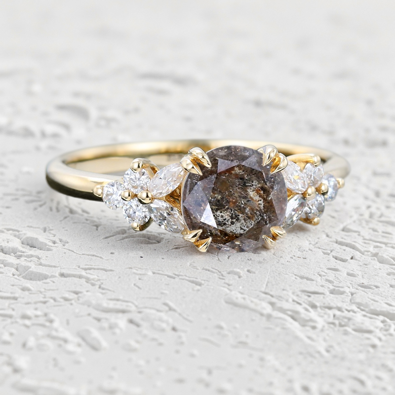 1.46CT Round Cut Salt & Pepper Diamond Moissanite Accented S925 Silver Engagement Ring