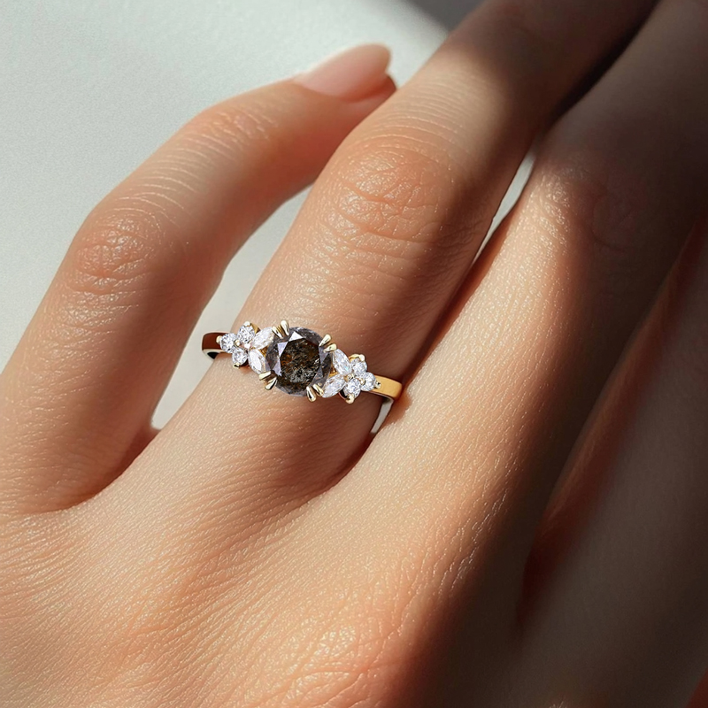 1.46CT Round Cut Salt & Pepper Diamond Moissanite Accented S925 Silver Engagement Ring