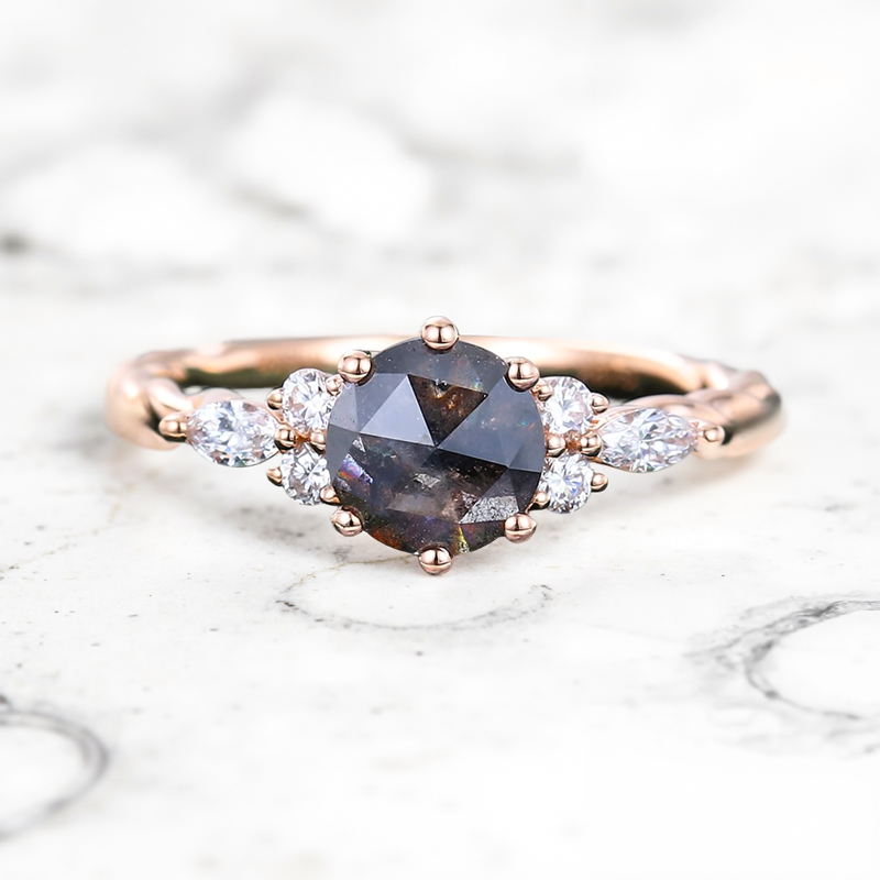 1.26CT Round Cut Salt & Pepper Diamond Moissanite Accented S925 Silver Engagement Ring