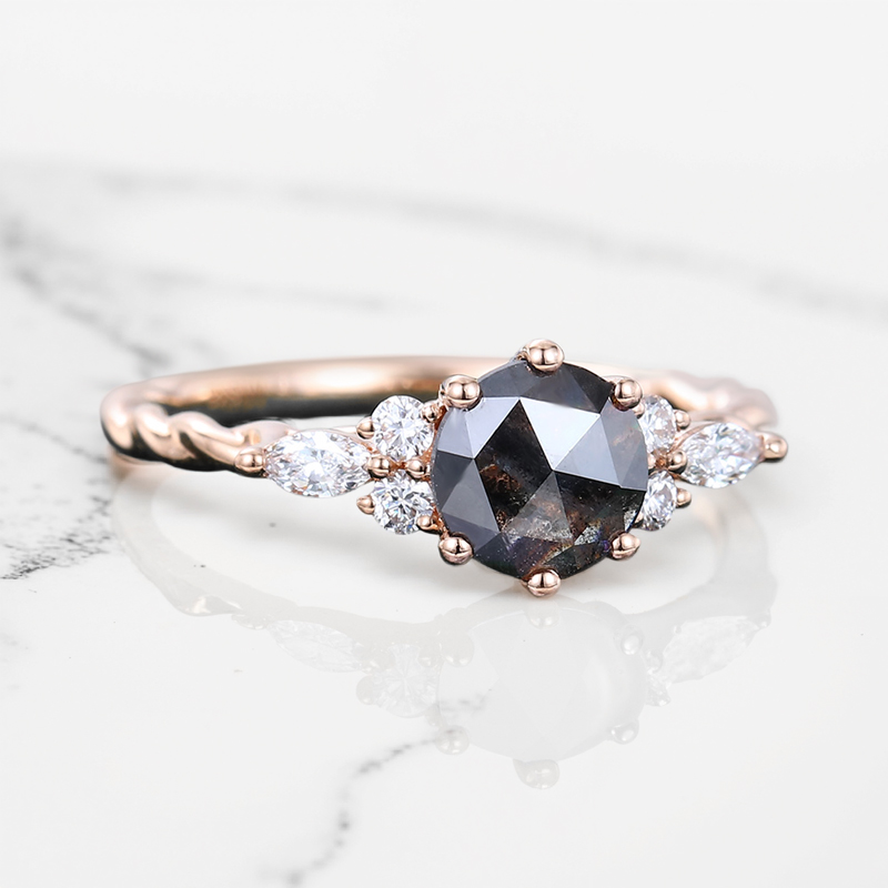 1.26CT Round Cut Salt & Pepper Diamond Moissanite Accented S925 Silver Engagement Ring