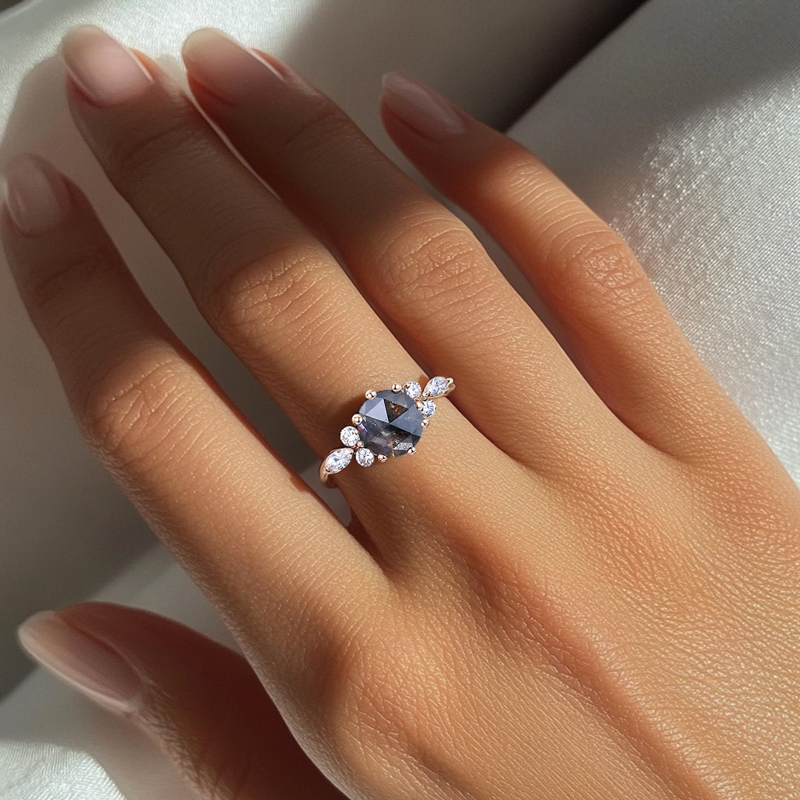 1.26CT Round Cut Salt & Pepper Diamond Moissanite Accented S925 Silver Engagement Ring