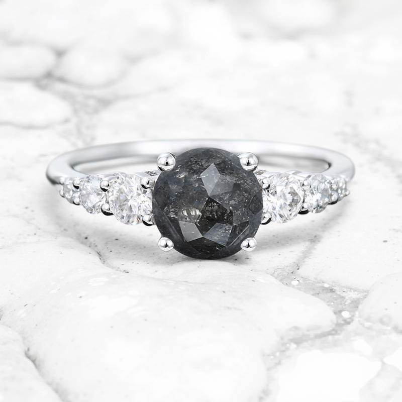 1.21CT Round Cut Salt & Pepper Diamond Moissanite Accented S925 Silver Engagement Ring