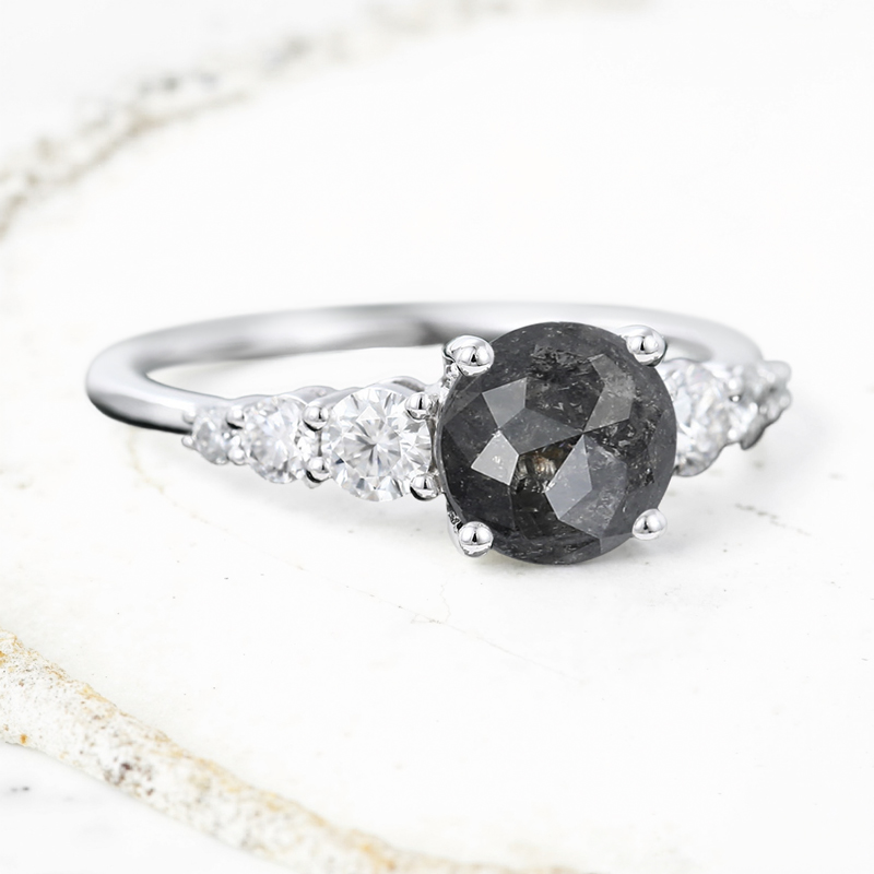 1.21CT Round Cut Salt & Pepper Diamond Moissanite Accented S925 Silver Engagement Ring