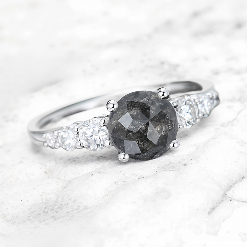 1.21CT Round Cut Salt & Pepper Diamond Moissanite Accented S925 Silver Engagement Ring