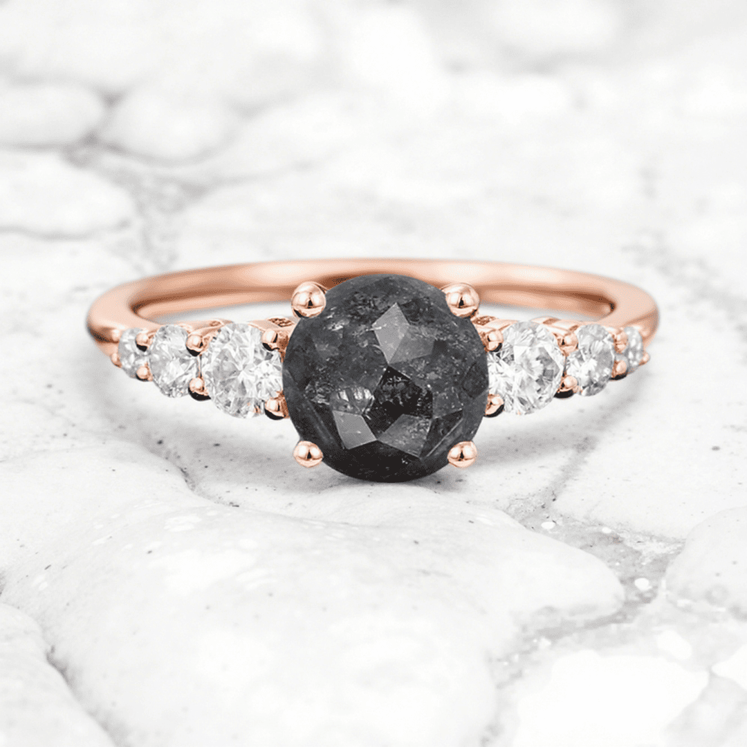 1.21CT Round Cut Salt & Pepper Diamond Moissanite Accented S925 Silver Engagement Ring