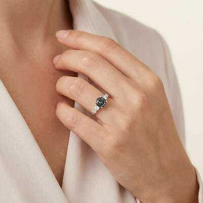 1.21CT Round Cut Salt & Pepper Diamond Moissanite Accented S925 Silver Engagement Ring