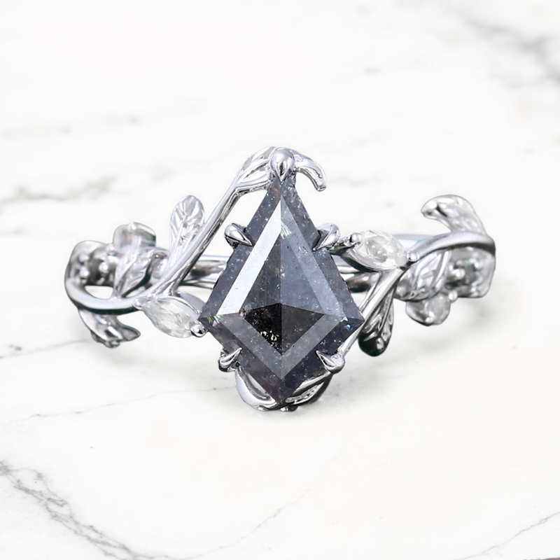 1.74CT kite Cut Salt & Pepper Diamond Moissanite Accented S925 Silver Engagement Ring