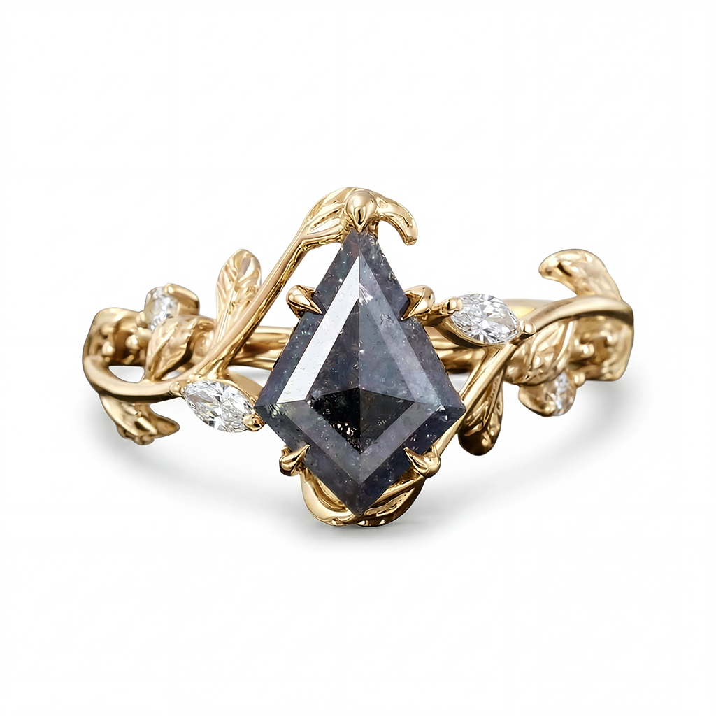 1.74CT kite Cut Salt & Pepper Diamond Moissanite Accented S925 Silver Engagement Ring