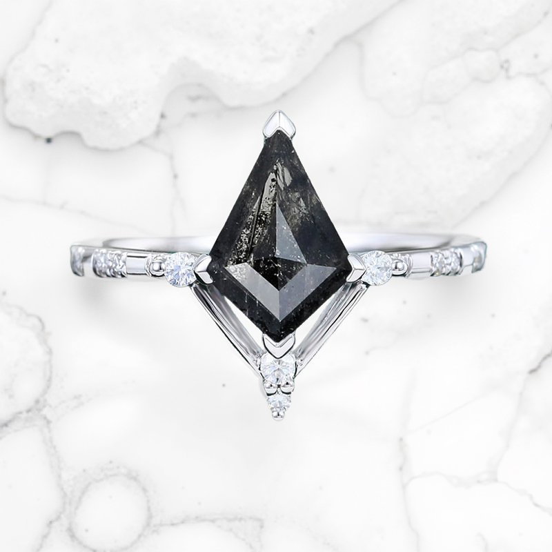 1.755CT Kite Cut Salt & Pepper Diamond with Round Cut Moissanite Accented S925 Silver Engagement Ring