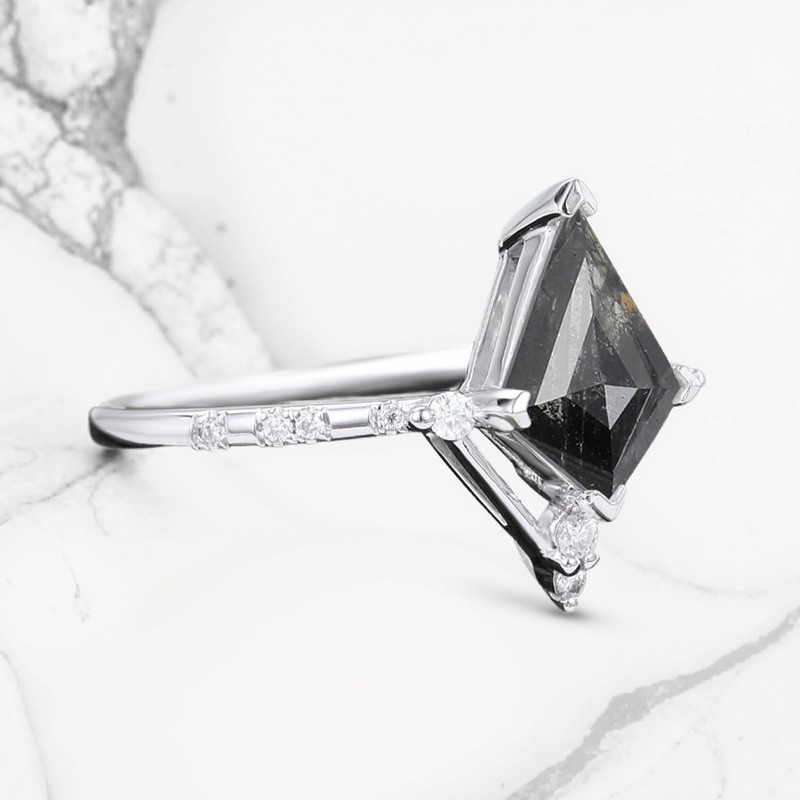 1.755CT Kite Cut Salt & Pepper Diamond with Round Cut Moissanite Accented S925 Silver Engagement Ring