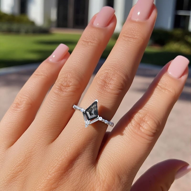 1.755CT Kite Cut Salt & Pepper Diamond with Round Cut Moissanite Accented S925 Silver Engagement Ring