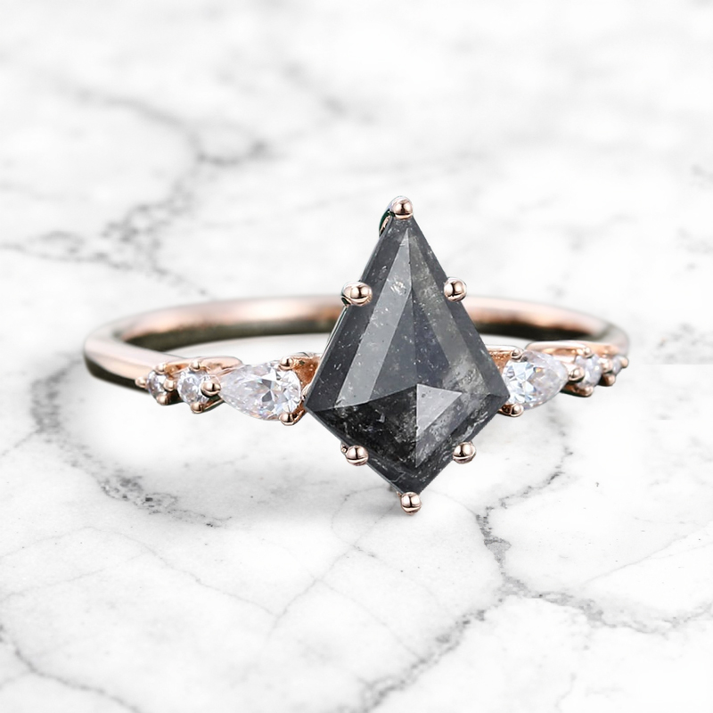 1.7CT Kite Cut Salt & Pepper Diamond with Round Cut Moissanite Accented S925 Silver Engagement Ring