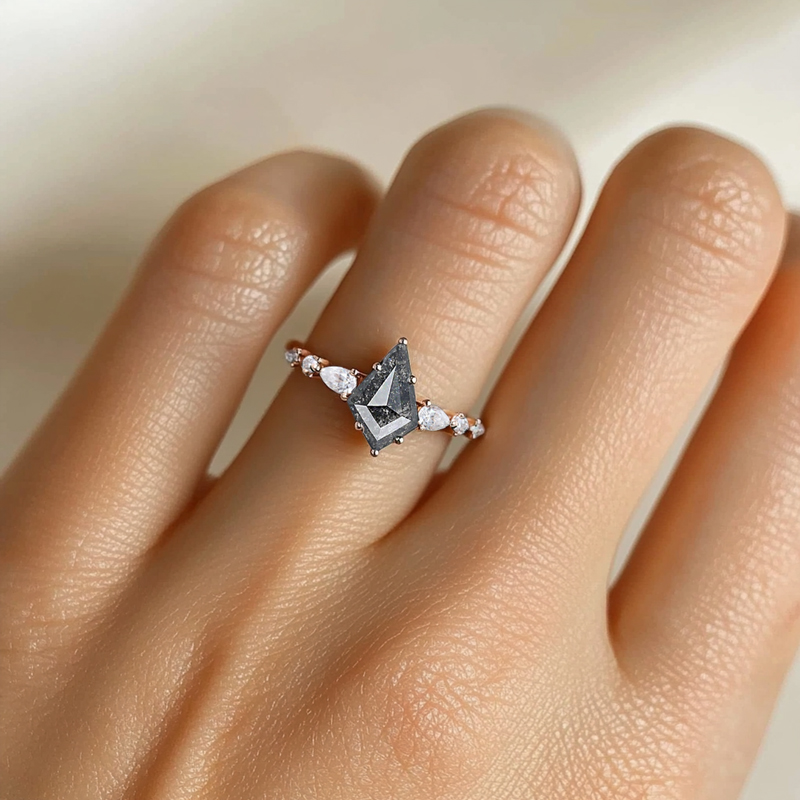 1.7CT Kite Cut Salt & Pepper Diamond with Round Cut Moissanite Accented S925 Silver Engagement Ring