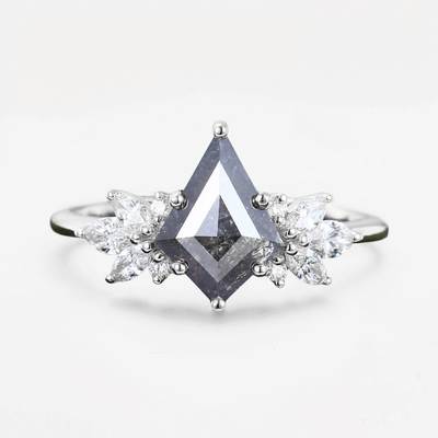 1.96CT Kite Cut Salt & Pepper Diamond with Marquise Cut Moissanite Accented S925 Silver Engagement Ring