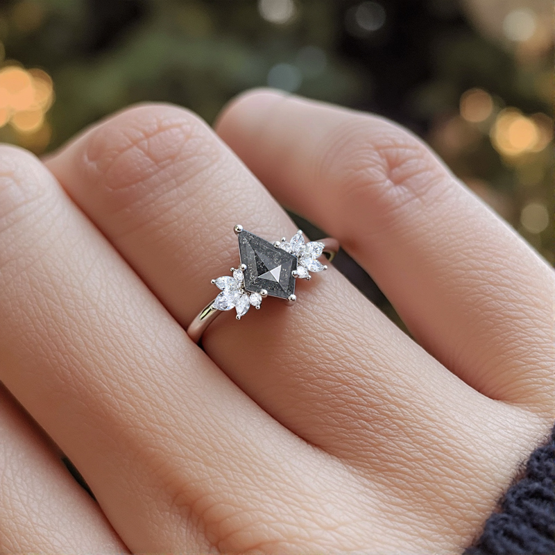 1.96CT Kite Cut Salt & Pepper Diamond with Marquise Cut Moissanite Accented S925 Silver Engagement Ring 1.96CT Kite Cut Salt & Pepper Diamond with Marquise Cut Moissanite Accented S925 Silver Engagement Ring