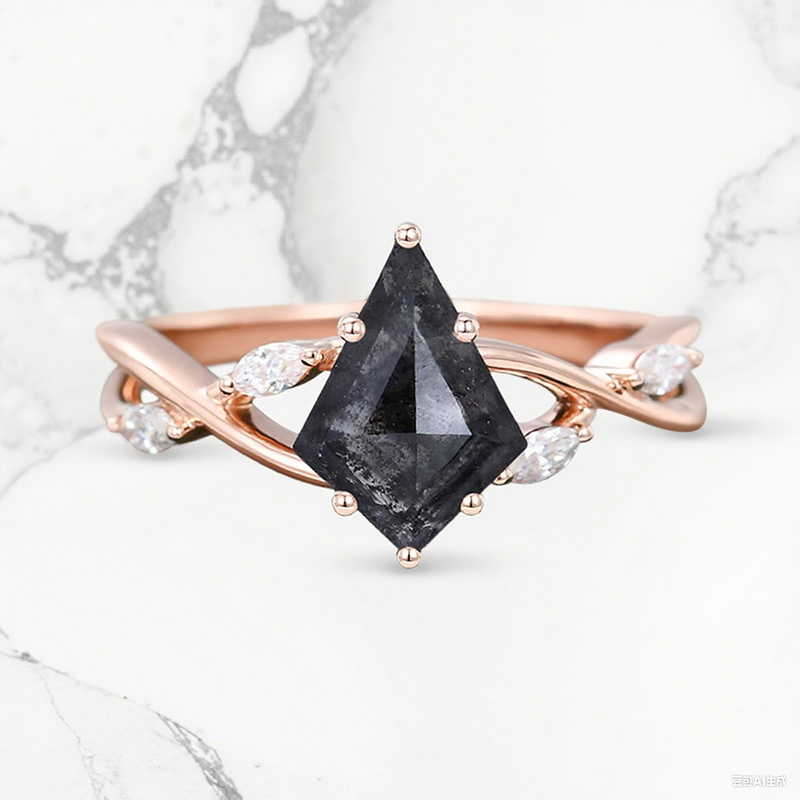 1.74CT Kite Cut Salt & Pepper Diamond with Marquise Cut Moissanite Accented S925 Silver Engagement Ring