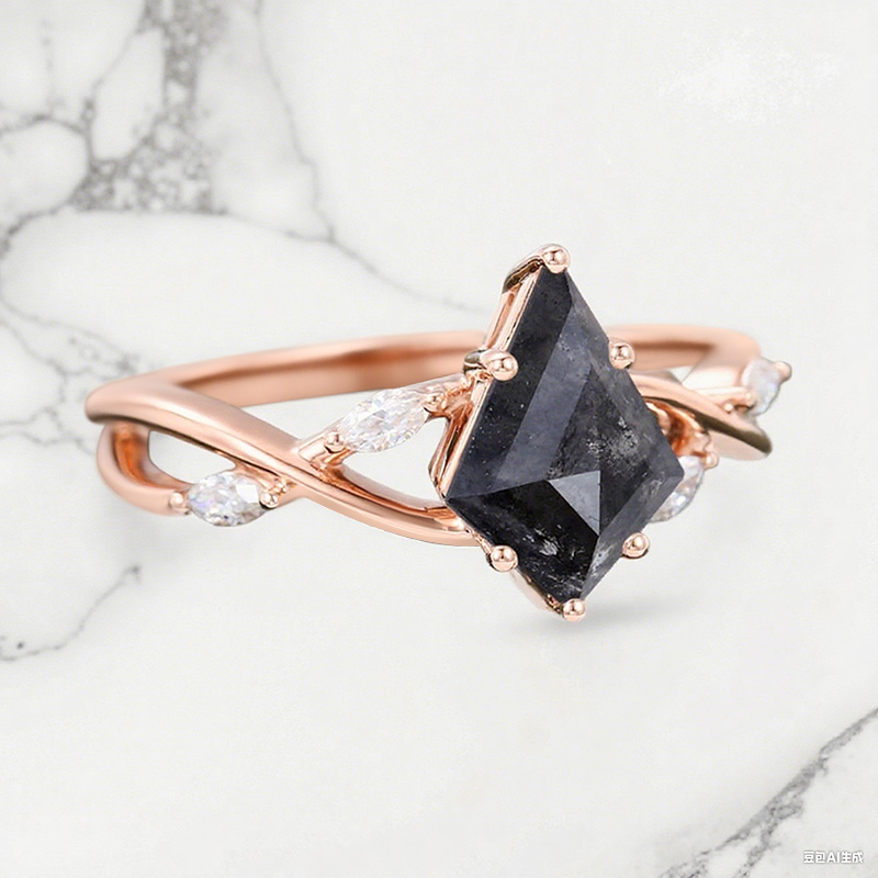 1.74CT Kite Cut Salt & Pepper Diamond with Marquise Cut Moissanite Accented S925 Silver Engagement Ring