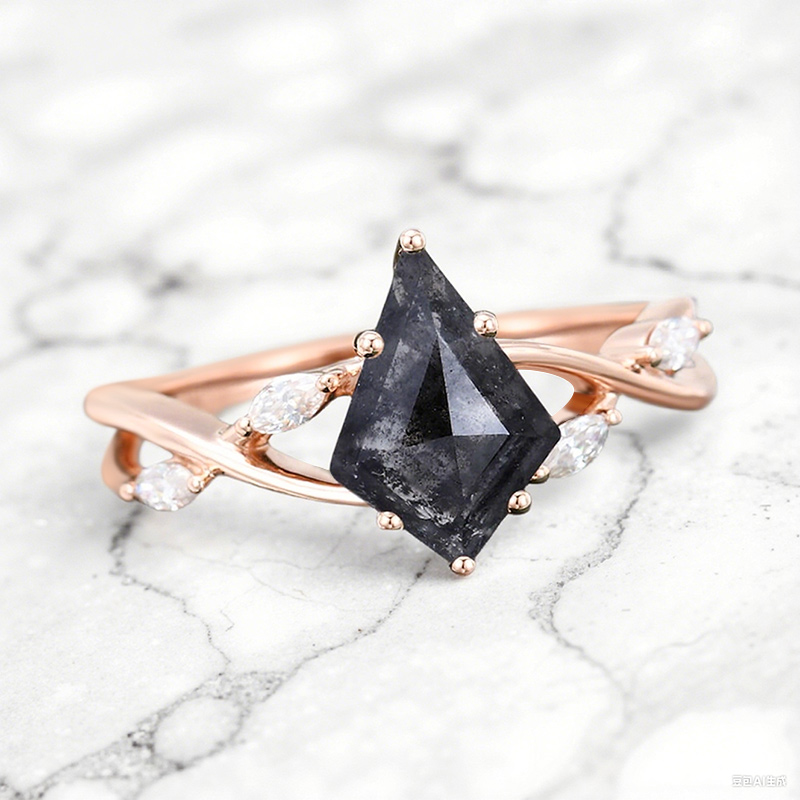 1.74CT Kite Cut Salt & Pepper Diamond with Marquise Cut Moissanite Accented S925 Silver Engagement Ring