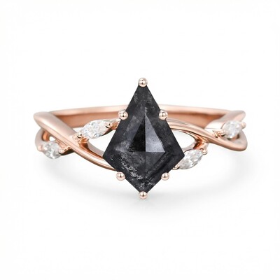 1.74CT Kite Cut Salt & Pepper Diamond with Marquise Cut Moissanite Accented S925 Silver Engagement Ring