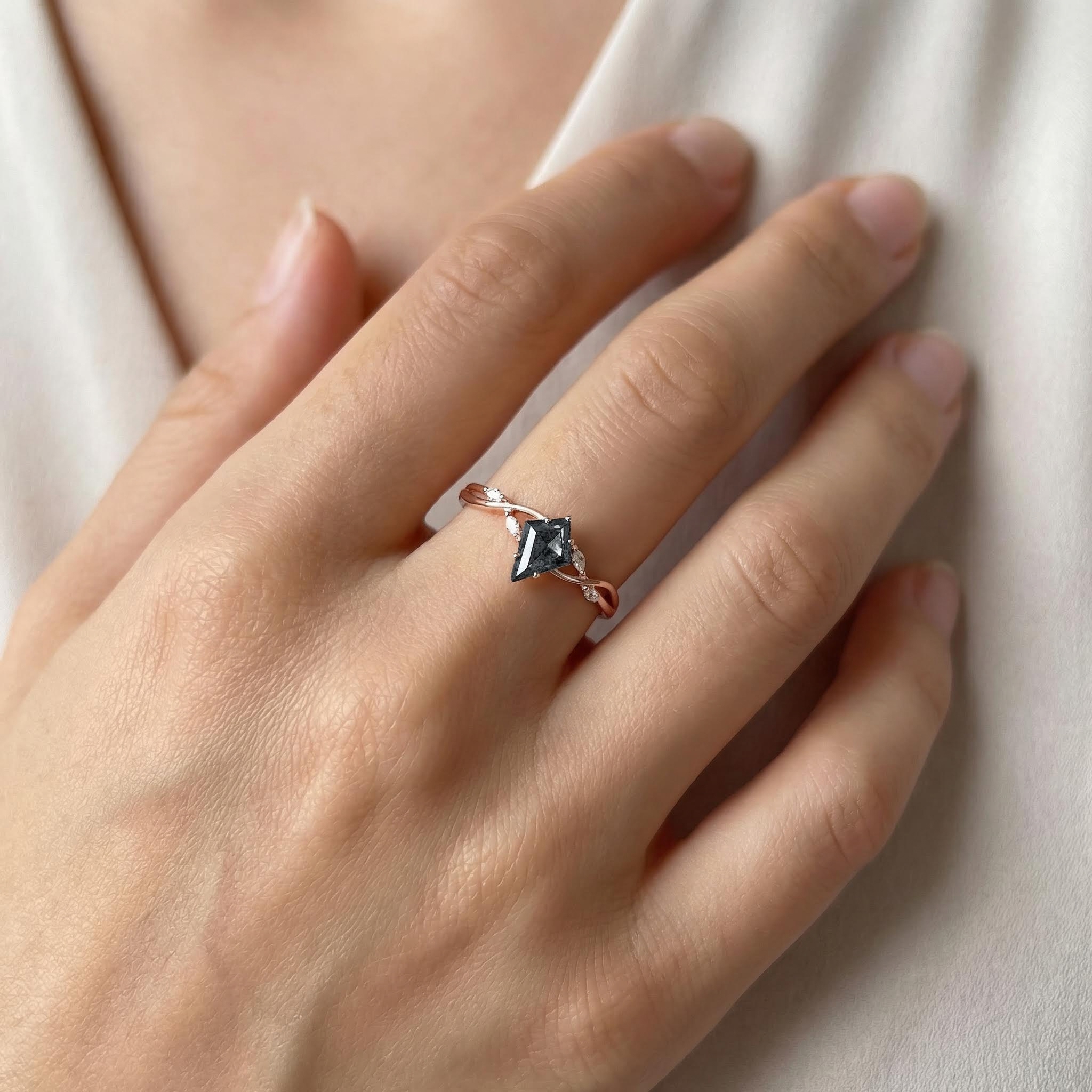 1.74CT Kite Cut Salt & Pepper Diamond with Marquise Cut Moissanite Accented S925 Silver Engagement Ring