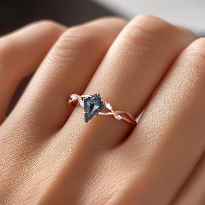 1.74CT Kite Cut Salt & Pepper Diamond with Marquise Cut Moissanite Accented S925 Silver Engagement Ring