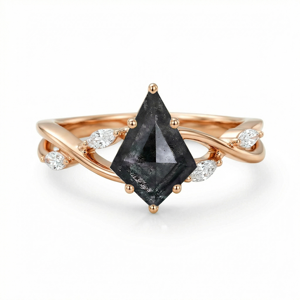 1.74CT Kite Cut Salt & Pepper Diamond with Marquise Cut Moissanite Accented S925 Silver Engagement Ring