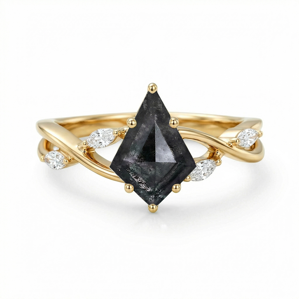 1.74CT Kite Cut Salt & Pepper Diamond with Marquise Cut Moissanite Accented S925 Silver Engagement Ring