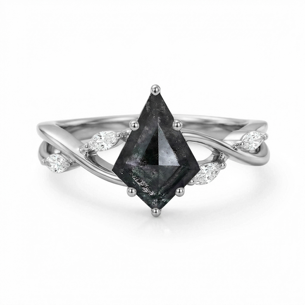 1.74CT Kite Cut Salt & Pepper Diamond with Marquise Cut Moissanite Accented S925 Silver Engagement Ring