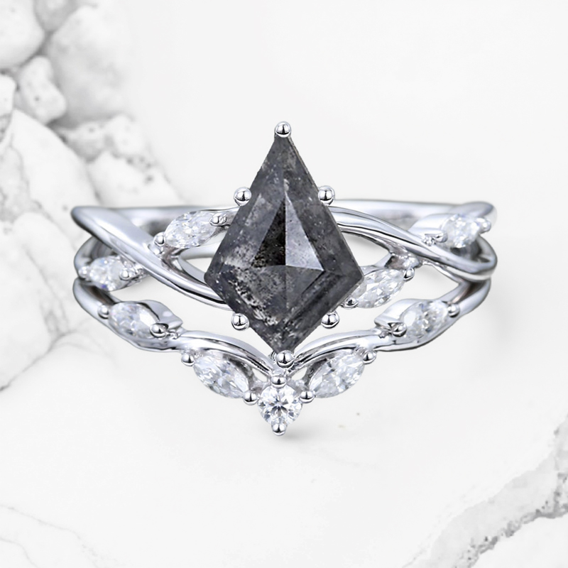 2.01CT Kite Cut Salt & Pepper Diamond with Marquise Cut Moissanite Accented S925 Silver Engagement Ring Set