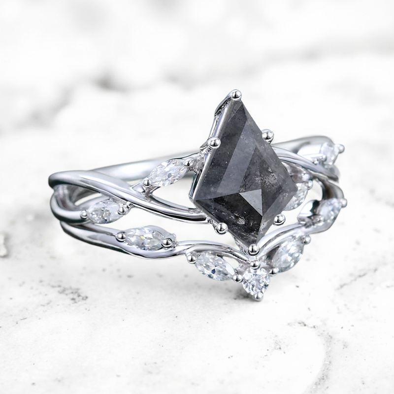 2.01CT Kite Cut Salt & Pepper Diamond with Marquise Cut Moissanite Accented S925 Silver Engagement Ring Set