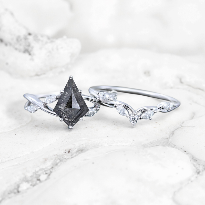 2.01CT Kite Cut Salt & Pepper Diamond with Marquise Cut Moissanite Accented S925 Silver Engagement Ring Set