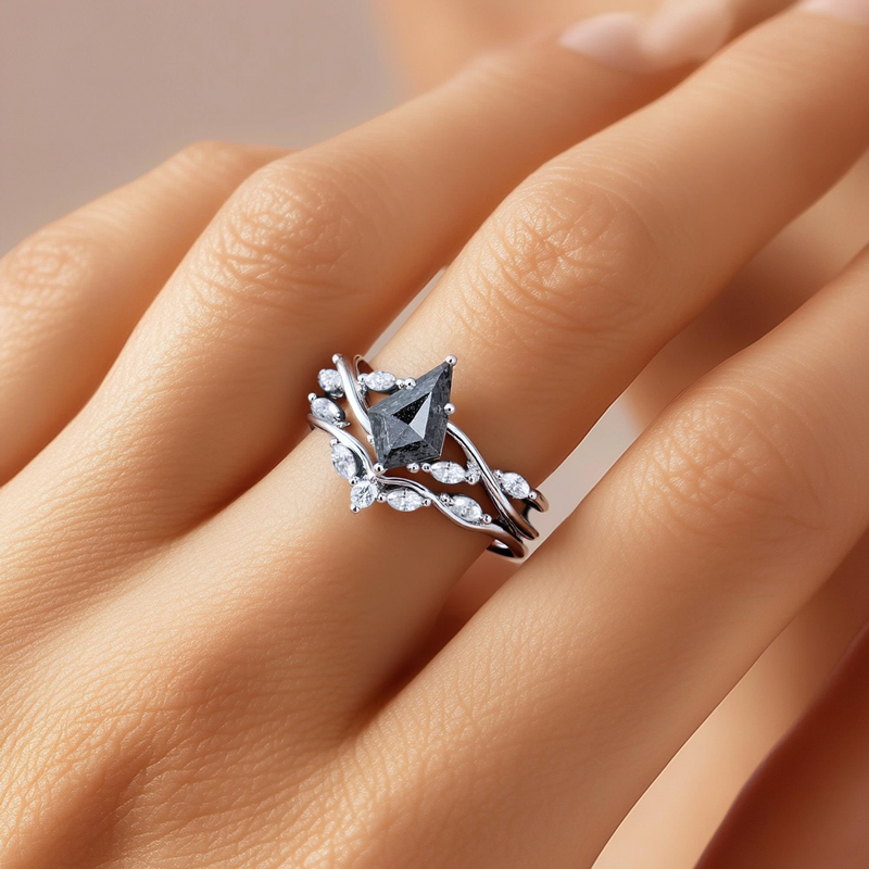 2.01CT Kite Cut Salt & Pepper Diamond with Marquise Cut Moissanite Accented S925 Silver Engagement Ring Set