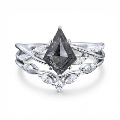 2.01CT Kite Cut Salt & Pepper Diamond with Marquise Cut Moissanite Accented S925 Silver Engagement Ring Set