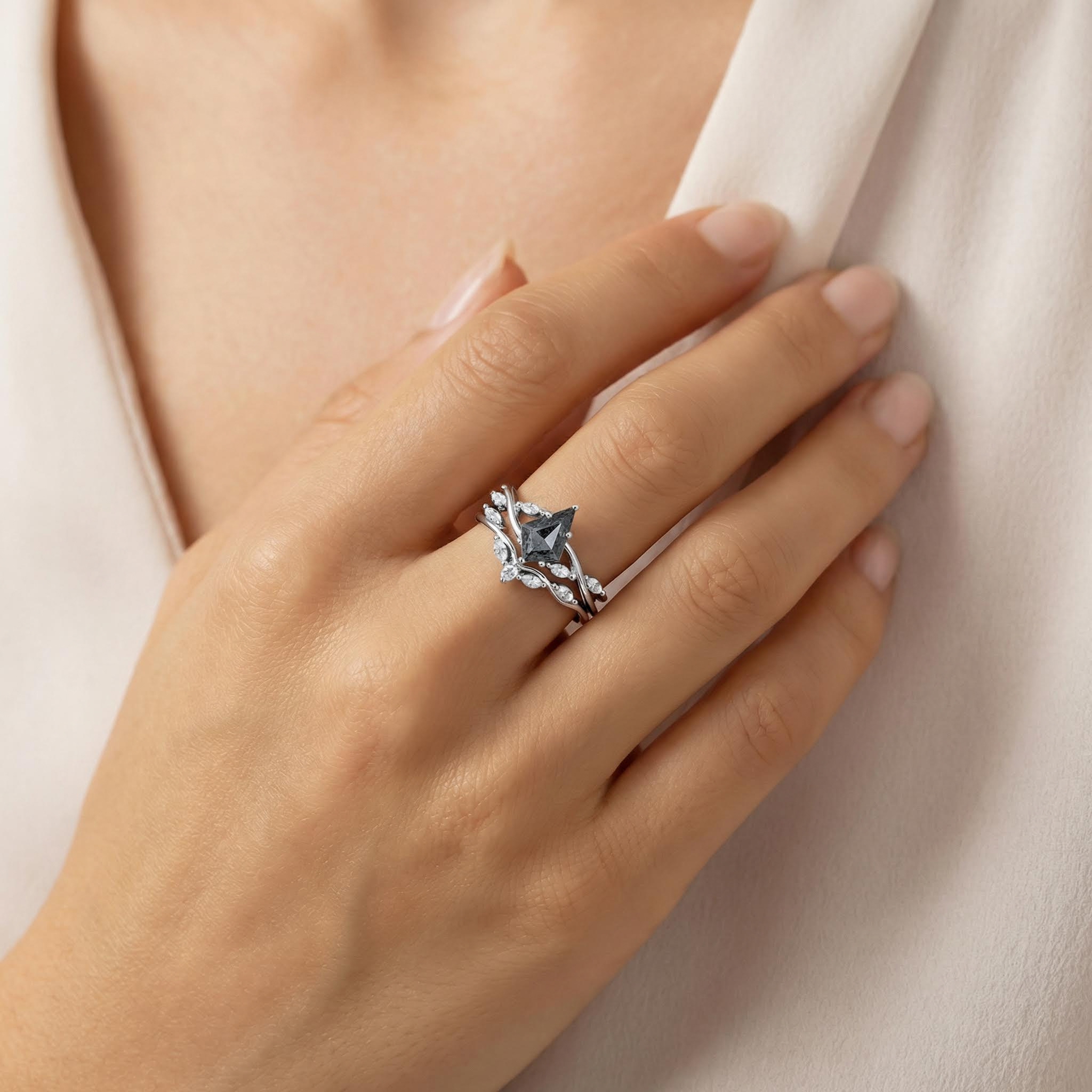 2.01CT Kite Cut Salt & Pepper Diamond with Marquise Cut Moissanite Accented S925 Silver Engagement Ring Set